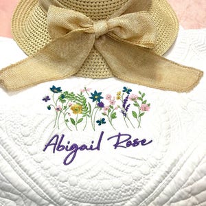 Wildflower Personalized Heirloom Quilt w/First and Middle Name, embroidered baby quilt w/ monogram design, Baby Blanket, Embroidery, Girl