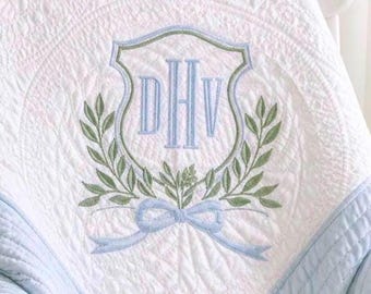 Personalized Baby Quilt: Embroidered Vintage Elegant Crest Monogram, Heirloom Blanket, Baby Shower, Sprinkle Gift