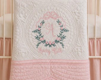 Personalized Heirloom Baby Quilt, Floral Crest Monogram, Nursery Decor Gift