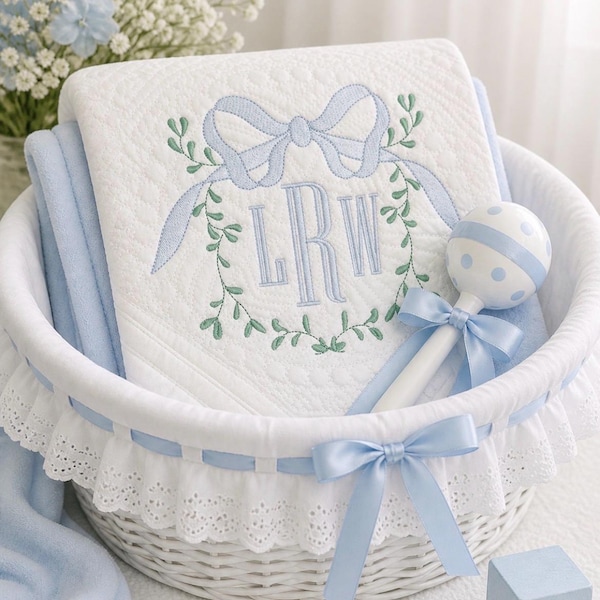 Embroidered Monogram Baby Quilt Personalized Heirloom Nursery Decor Vine with Bow, Sprinkle Shower Gift