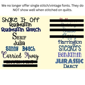 May include: A list of font names, including "Shake It Off", "Studmuffin", "Studmuffin Sketch", "SERIF", "Julia", "Sunny Beach", "Carried Away", "Harrington", "sneakers", "Benjamin", "JURASSIC", and "DARCY". The text is in a blue and white colour scheme and is displayed on a yellow background.