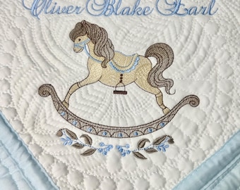 Vintage Rocking Horse Quilt Embroidered Heirloom Baby Blanket Baby Shower Gift Newborn Sprinkle