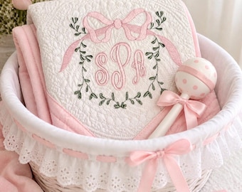 Personalized Baby Quilt: Embroidered Monogram, Vine Frame, Pink Bow, Sprinkle Gift Newborn