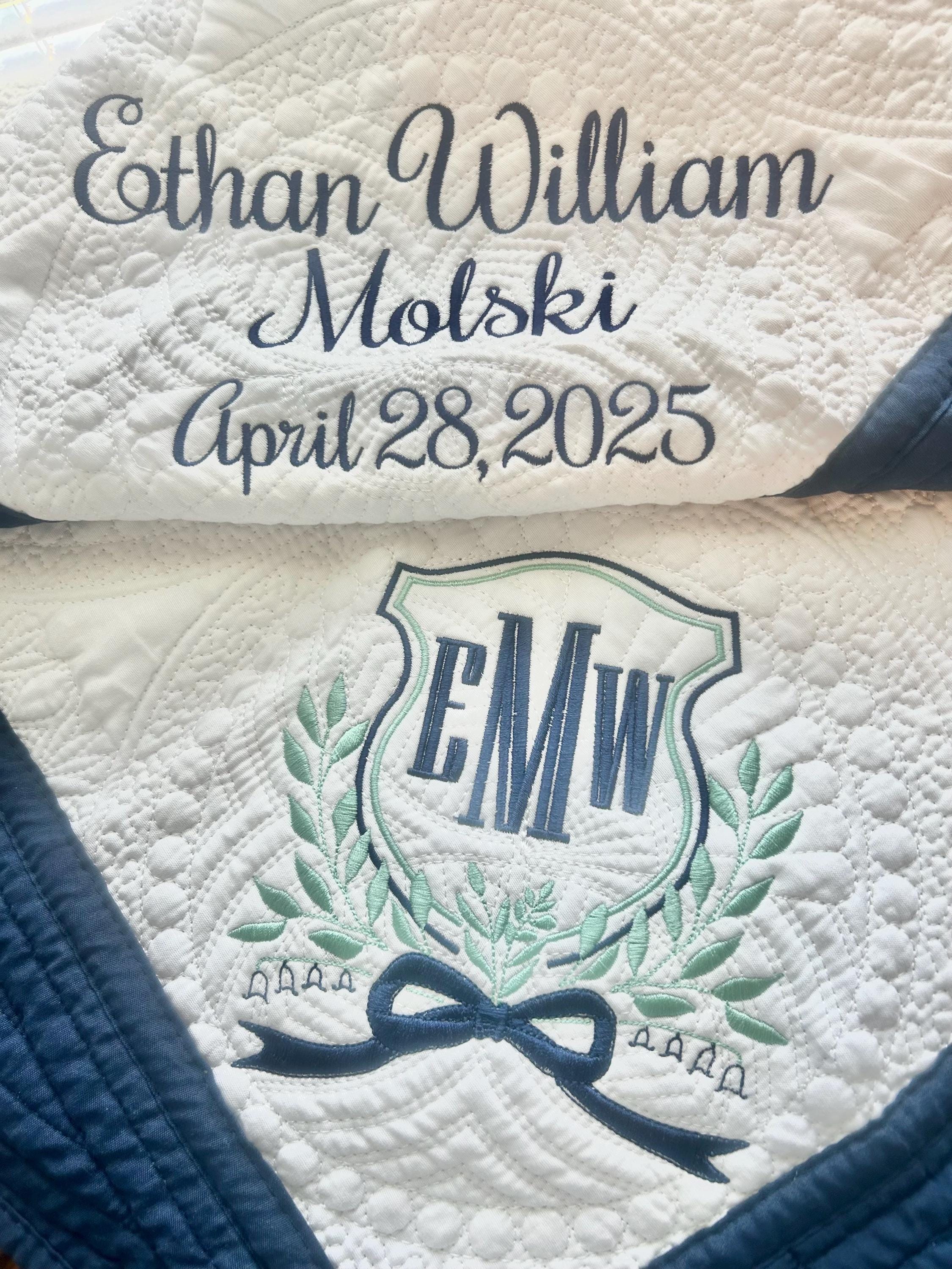 Personalized Heirloom Quilt Vintage Crest w/ 3 initials and opposite side with Full Name and Date of Birth, blanket Boy/Girl design, Baby