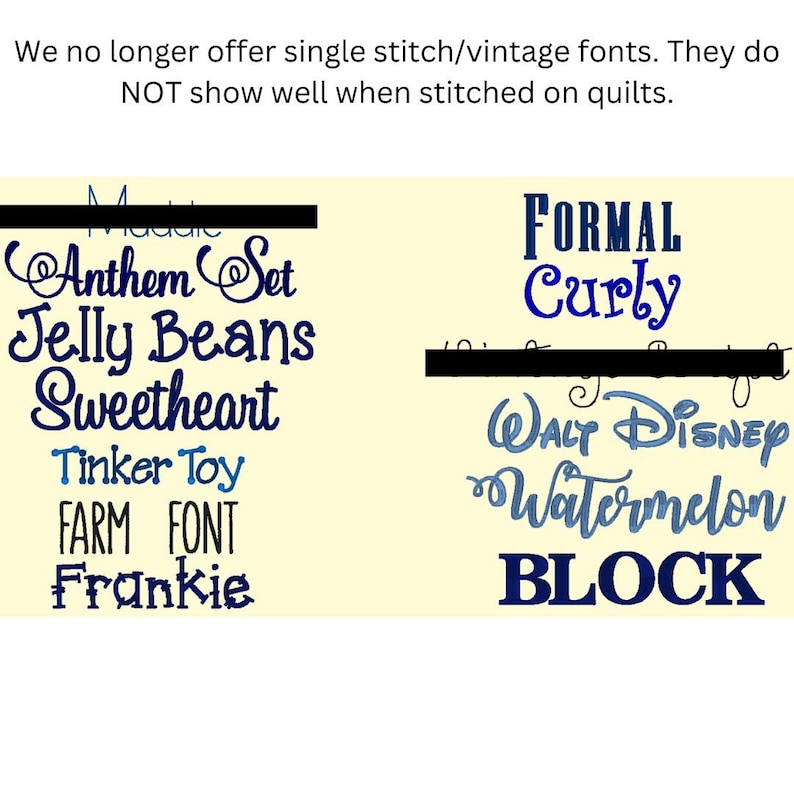 May include: A list of font names for embroidery, including "Anthem Set", "Jelly Beans", "Sweetheart", "Tinker Toy", "FARM FONT", "Frankie", "FORMAL", "Curly", "WALT DISNEY", "Watermelon", and "BLOCK".