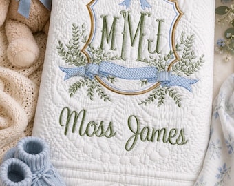 Custom Embroidered Royal Crest Baby Quilt: Personalized Heirloom Nursery Decor