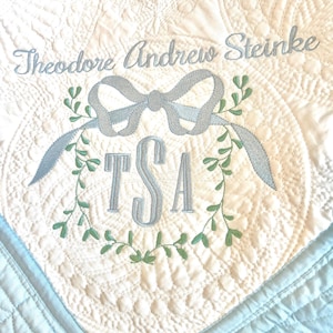 Personalized Baby Quilt: Embroidered Monogram Heirloom Quilt with Bow and Vines