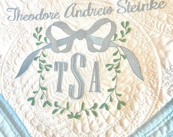 Personalized Baby Quilt: Embroidered Monogram Heirloom Quilt with Bow and Vines