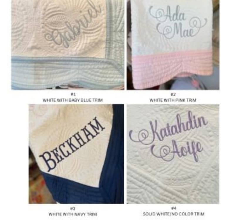 May include: Four white baby blankets with different coloured trim. The blankets are embroidered with names, including "Gabriel", "Ada Mae", "Beckham", and "Katahdin Aoife".
