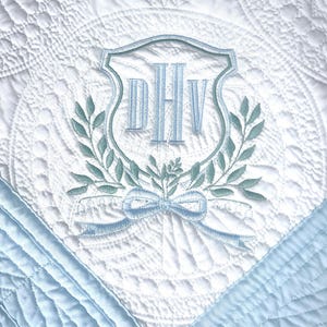 Personalized Baby Quilt: Embroidered Vintage Crest Monogram, Heirloom Blanket
