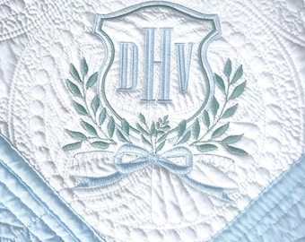 Personalized Heirloom Quilt Vintage Crest w/ 3 initials, embroidered baby quilt w/ monogram and design, Baby Quilt Blanket, Embroidery, Boy