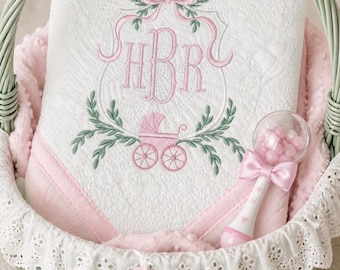 Monogrammed Baby Quilt: Embroidered Heirloom, Carriage, Vines and Bow