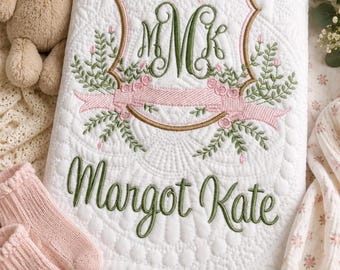 Vintage Elegant Royal Crest Baby Quilt Embroidered First & Middle names and Initials