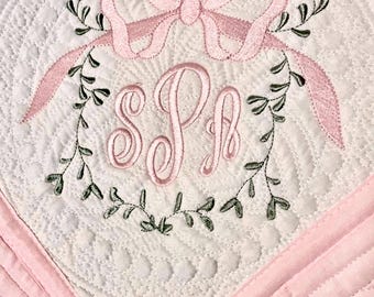 Personalized Baby Quilt: Embroidered Monogram, Vine Frame, Pink Bow, Sprinkle Gift Newborn