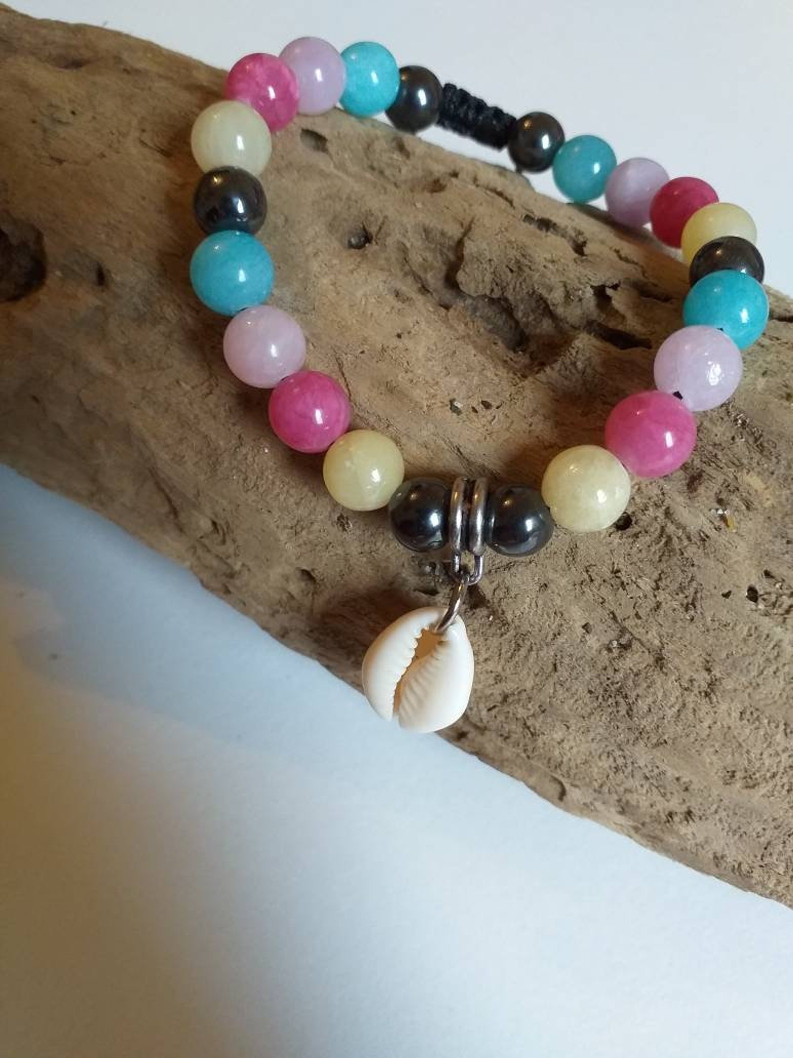 Jade pearl rainbow bracelet and hematitis real shell cauri | Etsy
