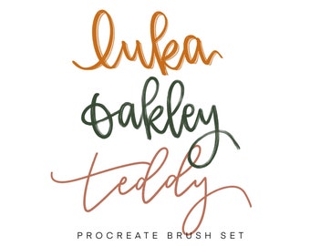May include: A digital illustration of three names written in a handwritten style. The names are "luken", "oakley", and "teddy". The names are written in different colors: orange, green, and brown. The text "PROCREATE BRUSH SET" is written below the names.