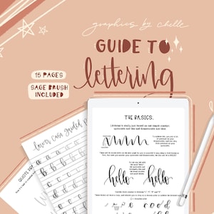 Puede incluir: Una guía digital de lettering con 15 páginas y un pincel de salvia incluido. La guía incluye una tableta digital con un lápiz óptico y una hoja de trabajo impresa con letras minúsculas.