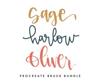 Può includere: Pacchetto pennelli Procreate Sage, Harlow, Oliver. Un prodotto digitale che include tre font scritte a mano in diversi colori: verde salvia, blu navy e corallo.