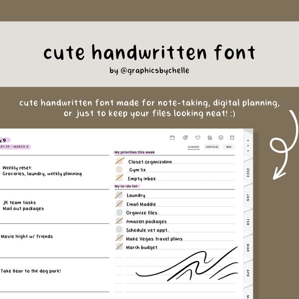 Handwritten font for digital notetaking and digital planning, Digital Planner Font, cute cozy handwriting, Goodnotes, Notability, iPad Font