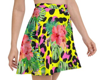 Animal Print Hibiscus Skater Skirt, Skirts for Women, Flared Skater Skirt, High Waist Circle Skirt, Full Circle Skirt, Summer Skirts