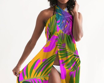 Tropical Floral Swim Cover Up,  Semi-Sheer Swimsuit Coverup, Bathing Suit Coverup, Beach Wrap Sarong, Women’s Swimsuit Cover Up, Cover Up