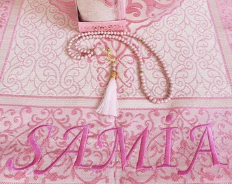Pink Color Personalized Prayer Mat, Eid Gifts, Islamic Gift Set, Prayer Mat Set, Islamic Wedding Gift, Prayer Rug with Tasbeeh, Sajadah