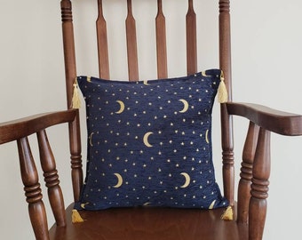 moon pillow, moon decor, dark blue boho pillow, boho decor, modern decor, moon lover gift, golden moons on blue, 17x17 decorative cushion
