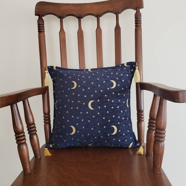 moon pillow, moon decor, dark blue boho pillow, boho decor, modern decor, moon lover gift, golden moons on blue, 17x17 decorative cushion