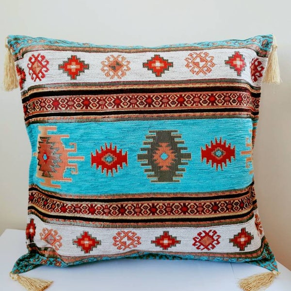 Boho Tribal Moroccan Cushion Cover, Bohemia Pattern Pillow Cover, Aztec Pillow Cover, Throw Pillow,Decorative Turquoise Pillow Cover. 17x17