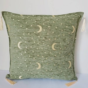 moon pillow, moon decor, green boho pillow, boho decor, modern decor, moon lover gift, golden moons on green, 17x17 decorative green cushion