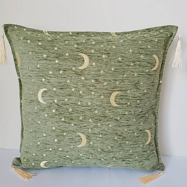 moon pillow, moon decor, green boho pillow, boho decor, modern decor, moon lover gift, golden moons on green, 17x17 decorative green cushion