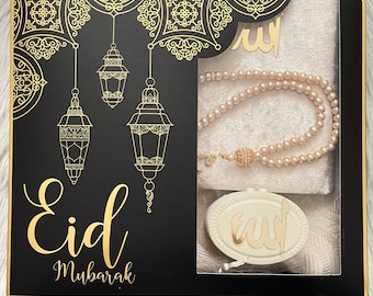 Eid Mubarak Gift Set, Islamic Gift, Eid Favor Boxes, Prayer Rug Set, Quran Yaseen Book Prayer Rug with Tasbeeh, Sajadah