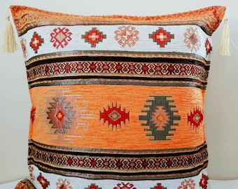 Boho Azteekse kussen, tribale kussen, couch throw kussen, zuidwestelijke decor, kussen te dekken, zuidwestelijke stijl, oranje accent kussen, cadeau voor