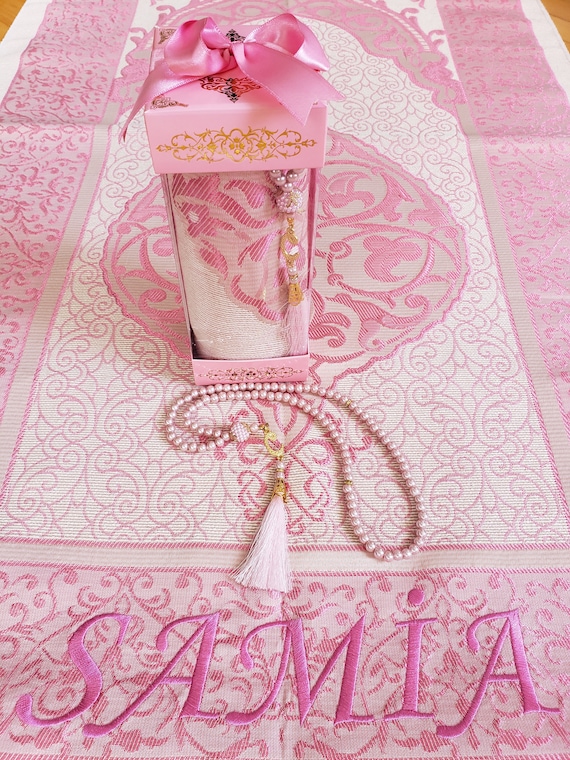 Pink Color Personalized Prayer Mat, Eid Gifts, Islamic Gift Set, Prayer Mat Set, Islamic Wedding Gift, Prayer Rug with Tasbeeh, Sajadah