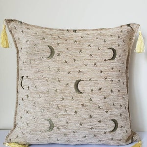 moon and star design pillow cover, moon decor, moon lover gift, 17 x 17 inch boho cushion cover, housewarming gift, home decor, boho decor