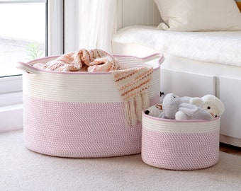 Panier à couverture extra large pour chambre d'enfant ou salon - Panier à linge en corde de coton tissé - XXL 22"x14" avec petit panier de rangement en prime (rose)