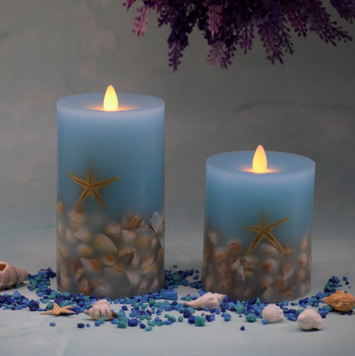 Flameless Candle Flickering real Blue Seashell LED Pillar Etsy UK