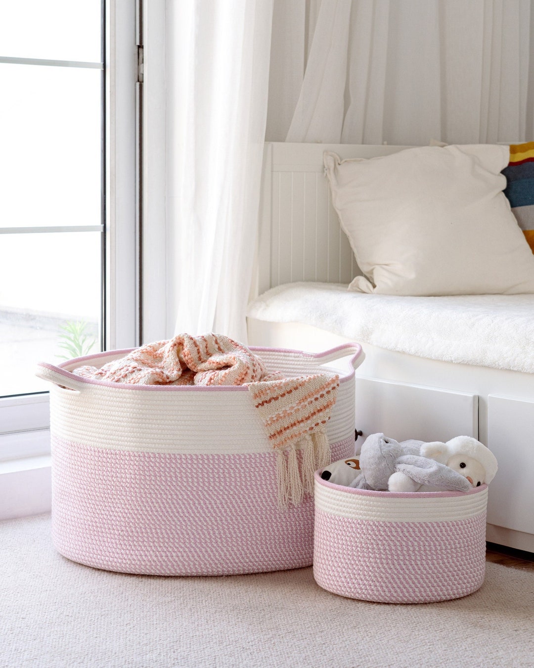 EXTRA Large Blanket Basket for Nursery or Living Room Woven Cotton Rope Laundry Hamper XXL 22x14