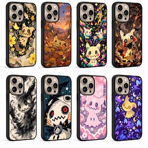 May include: Eight smartphone cases featuring various artistic illustrations of the character Mimikyu. Each case displays a unique scene, including autumn leaves, floral patterns, cosmic themes, and dark, shadowy environments, all encased in a black frame.