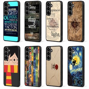 May include: A collection of eight black smartphone cases featuring various designs including quotes, book spines, a map, a character illustration, a letter with a red wax seal, and a starry night sky scene with a silhouette flying on a broomstick.