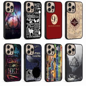 May include: Eight smartphone cases featuring various designs inspired by the Harry Potter series, including the Deathly Hallows symbol, spell text, the 9 3/4 platform sign, the Marauder's Map, potion-making graphics, and character illustrations.
