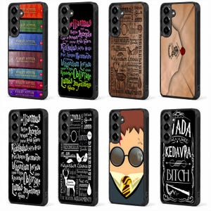 May include: Eight smartphone cases featuring Harry Potter designs. Designs include book spines, colorful spell text on black, wood-grain spell text, a parchment envelope, white spell text on black, a character illustration, and text.