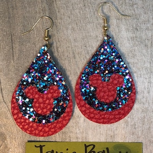 Mickey Mouse Blue and Red Glitter, layered on Red Pebbled Faux Leather, 18k Gold Plated Hardware, Nickel Free  2" Teardrop Statement