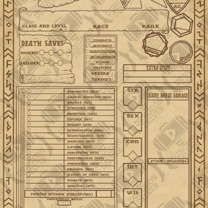 May include: A tan-colored character sheet for a role-playing game, featuring sections for name, class, race, and skills. Includes illustrations of weapons, shields, and dice. The sheet is designed with a vintage aesthetic.