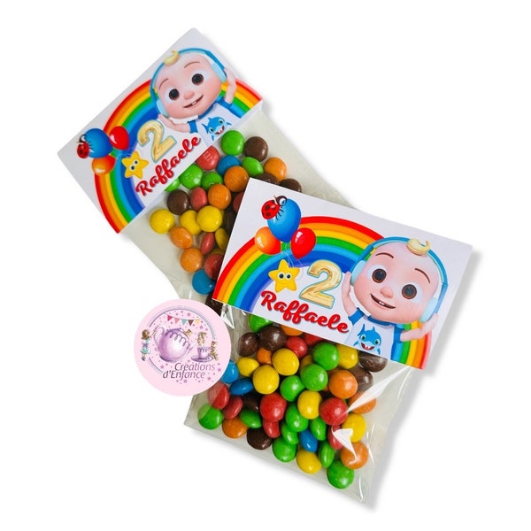 Sachet pour bonbons personnalisé. Sachet transparent avec étiquette thème choix. Décoration anniversaire enfants, confiserie cadeau invités