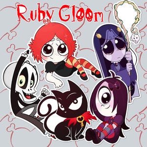 May include: A collection of Ruby Gloom character stickers. The stickers feature cartoon characters with large eyes, including Ruby Gloom with red hair, a skeleton, a black cat with a key necklace, and other characters in various poses. The title "Ruby Gloom" is written in red.