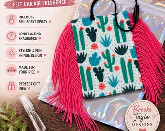 Cactus Felt Freshie, Pink Fringe Air Freshener, Western Boho Car Decor, Rearview Mirror Gift