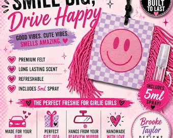 Pink Checkered Smiley Face Car Freshie, Rearview Mirror Charm, Air Freshener