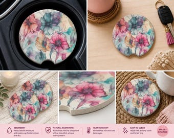 Floral Car Coaster Set, Absorbent Soapstone Car Coasters, Boho Watercolor Flower Coaster, Cup Holder Insert, Car Accessories for Women Gift
