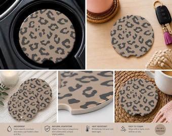 Conjunto de porta-copos para carro com estampa de leopardo, porta-copos absorventes de pedra-sabão, acessórios neutros para carro com estampa de oncinha, porta-copos embutido, presente fofo para mulheres que dirigem.